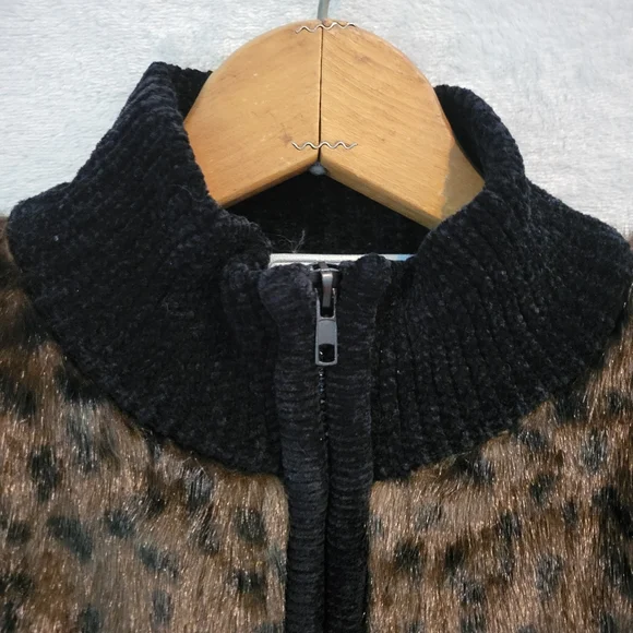 Vintage 90s Lisa International Faux Fur Leopard Chenille Zip Jacket XL - Picture 5 of 13